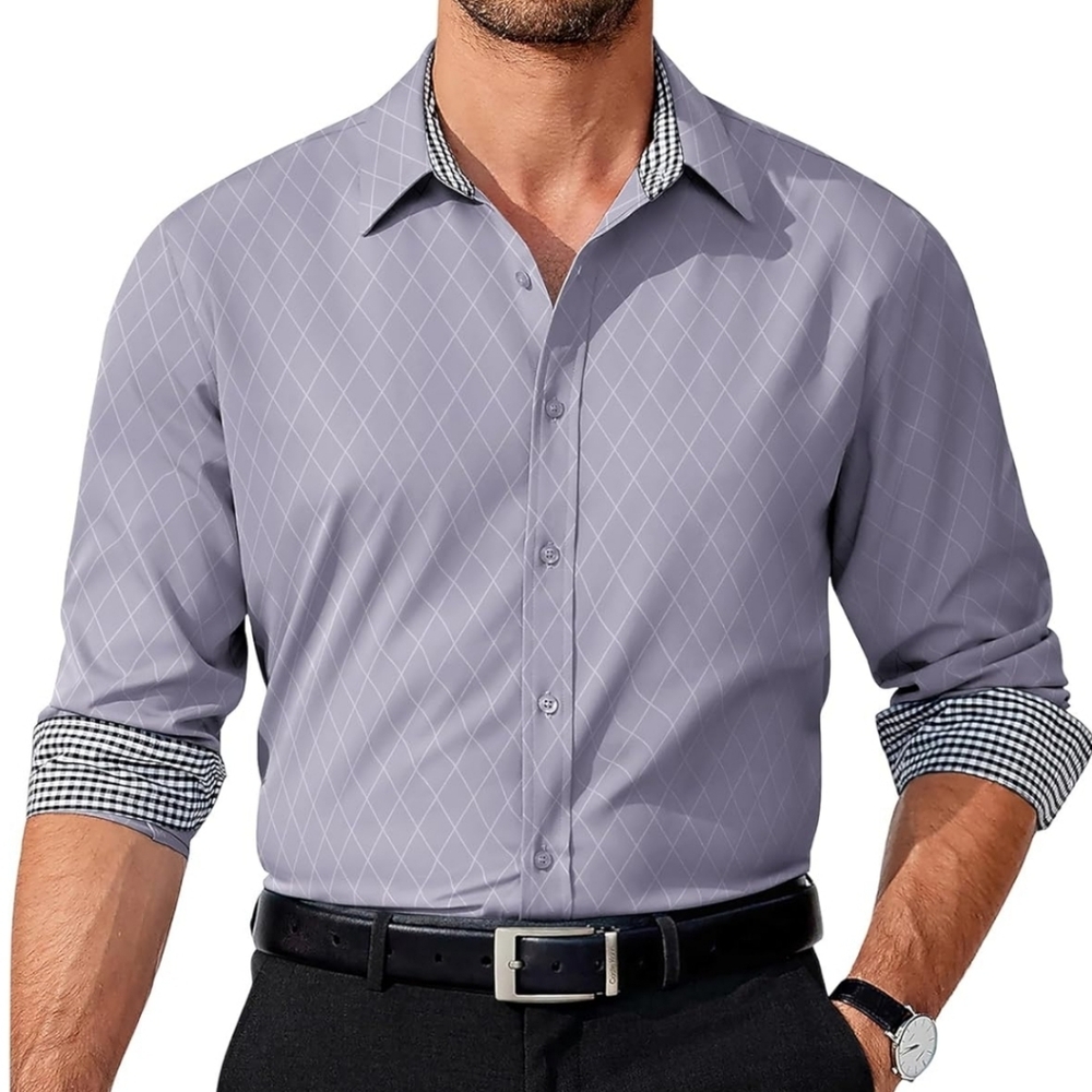 COOFANDY Men's Long Sleeve Diamond Pattern Button-Down Dress Shirt ~ Grey